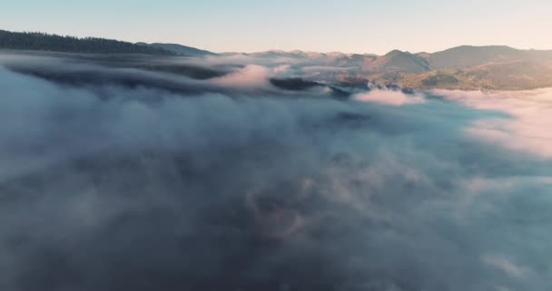 Volare Sopra Nuvole Durante Alba Del Mattino Nelle Montagne Dei — Video Stock