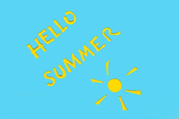 ミニマルな夏のフラットレイコンセプト 黄色の単語 こんにちは夏 と青の背景に黄色の太陽を描いた — ストック写真
