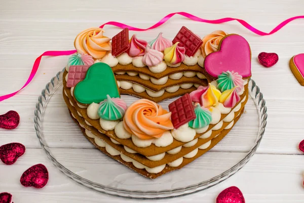 Festive Dessert Birthday Valentine Day Cake Shape Heart Decorated Meringue — Stock Photo, Image