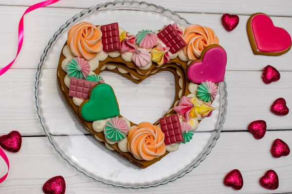 Postre Festivo Para Cumpleaños Día San Valentín Pastel Forma Corazón — Foto de Stock