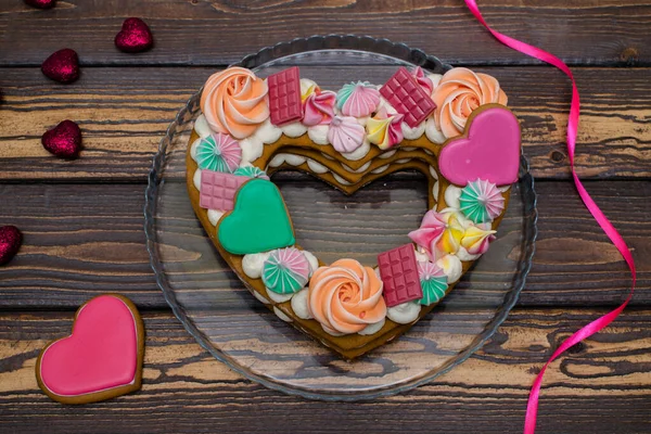 Postre Festivo Para Cumpleaños Día San Valentín Pastel Forma Corazón — Foto de Stock