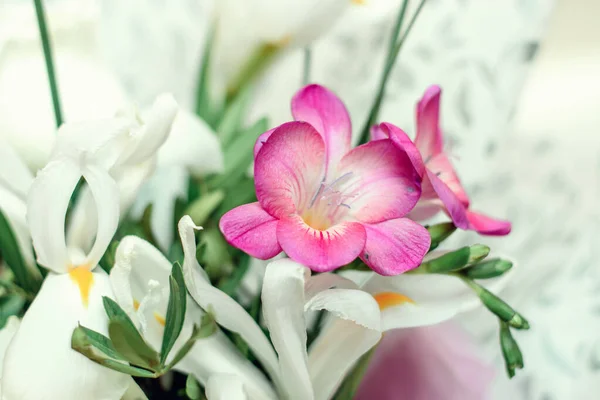 Gentle Spring Bouquet White Roses White Irises Lilac Freesia Gift — стоковое фото