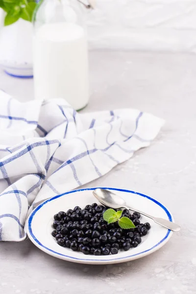 De plaat van verse biologische bosbessen met fles melk op een witte achtergrond — Stockfoto