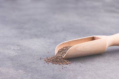 Gri taş zemin üzerine Kepçe Chia tohum