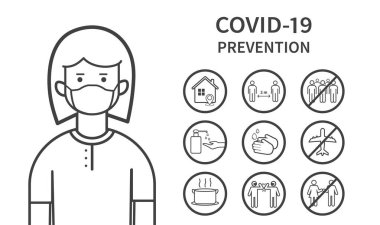 Coronavirus COVID-19 Önleme konsepti. Düz çizgi simgeleri ayarlandı. Sosyal mesafeler, evde kalmak, kalabalıktan kaçınmak, ellerini yıkamak. Vektör illüstrasyonu