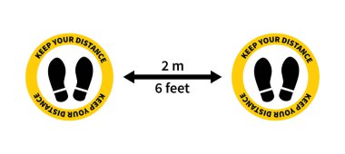 Sosyal uzaklık. Ayak izi işareti. 2 metre mesafeyi koru. Coronovirüs salgını koruyucu. Vektör illüstrasyonu