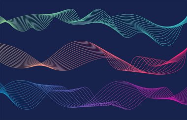 Renkli dalga çizgileri mavi arkaplanı izole etti. Dalgalı kıvrımlı çizgi. Vektör illüstrasyonu