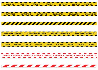 Uyarı Covid-19 karantina kasetleri. Siyah ve sarı çizgili. Vektör illüstrasyonu