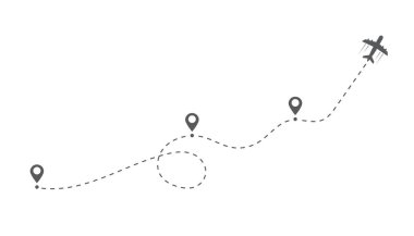 Uçak uçuş rotası. Uçuş turizmi rotası. Başlangıç pimi varış noktasına. Seyahat sembolü. Vektör illüstrasyonu