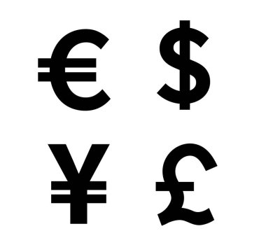 Para ve para birimi simgeleri ayarlandı. Para işareti. Euro, Dolar, Yen, Pound. Vektör çizimi. beyaz arkaplan