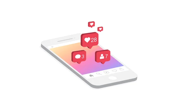 Akıllı telefondan sosyal medya bildirimi. İzleyin, Yeni Yorumlar, ikon gibi. 3D izometrik modern tasarım. Vektör illüstrasyonu