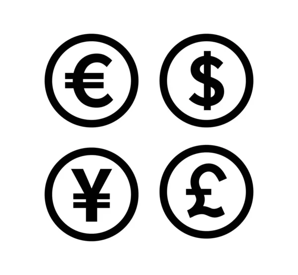 Monnaie Argent Icônes Ensemble Signe Argent Euro Dollar Yen Livre — Image vectorielle