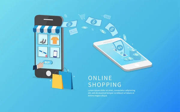 Akıllı Telefonla Online Alışveriş Ticaret Konsepti Vektör Illüstrasyonu — Stok Vektör