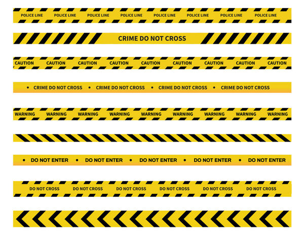 Предосторожность и опасные ленты. Предупреждающая запись. Черно-жёлтая линия полосатая. Полицейский участок изолирован. Векторная иллюстрация
