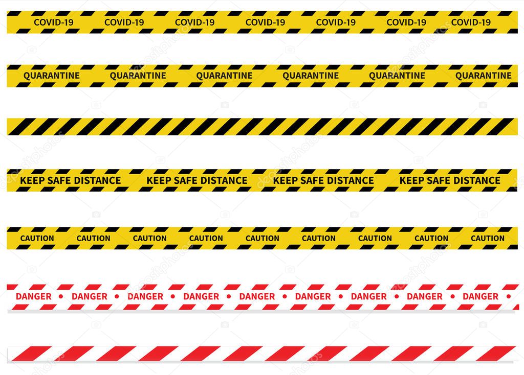 Warning Covid-19 quarantine tapes. Black and yellow line striped. Vector illustration