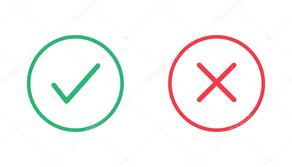 Check mark and cross icons on white background. Vector illustration