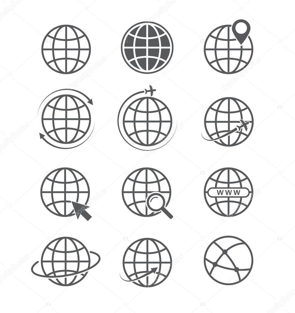 Globe icon set. Airplane flight around the world icon and Website symbol. Vector illustration. on white background