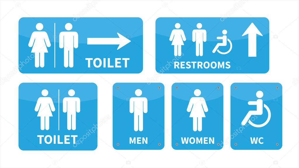 Set toilet signs. Men and women restroom icon sign. Toilet signs left arrow and right arrow. vector illustration