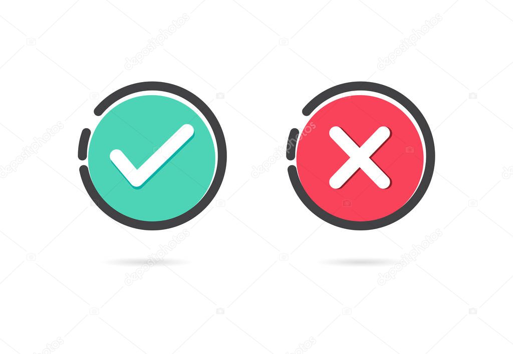 Check mark and cross icons on white background. Vector illustration