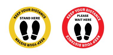 Sosyal uzaklık. Ayak izi işareti. 2 metre mesafeyi koru. Coronovirüs salgını koruyucu. Vektör illüstrasyonu
