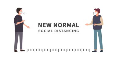 Salgından sonra yeni normallik Covid-19. Sosyal uzaklık. COVID-19 virüsünü yaymamak için insanlar arası mesafe. 1-2 metrelik mesafeyi koruyun. Vektör illüstrasyonu