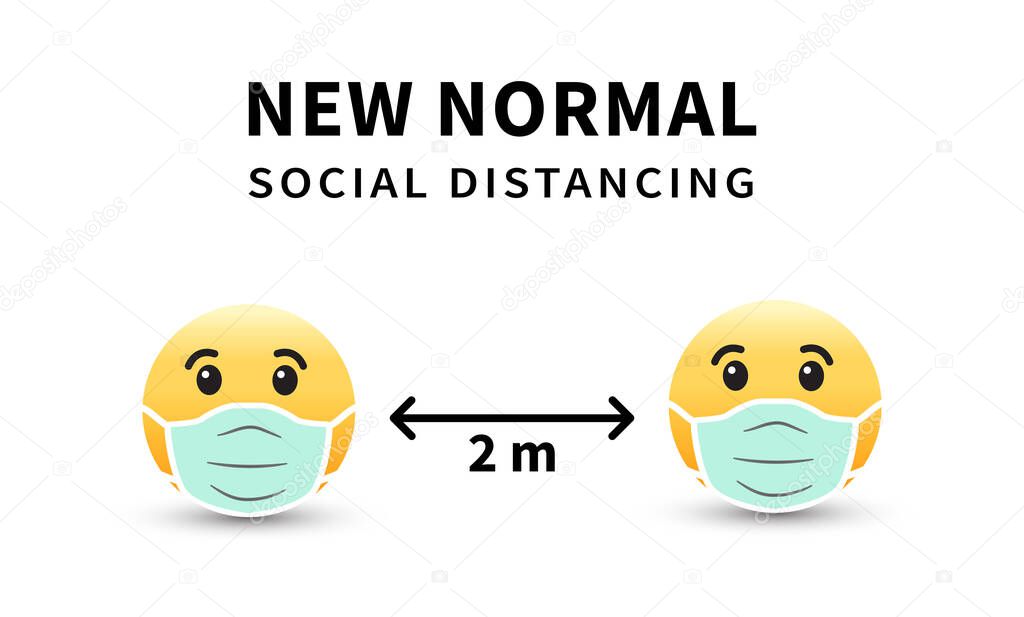 After the epidemic the Covid-19 to new normal. Social distancing. Mask with emoji. Keep the 2 meter distance. Coronovirus epidemic protective. Vector illustration