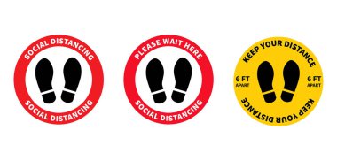 Sosyal uzaklık. Süpermarkette ayakta durmak için ayak izi işareti. 2 metre mesafeyi koru. Coronovirüs salgını koruyucu. Vektör illüstrasyonu