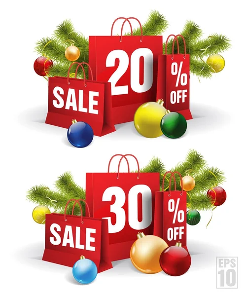 Christmas shopping bag printed with a twenty and thirty discount. Vector — Stock Vector