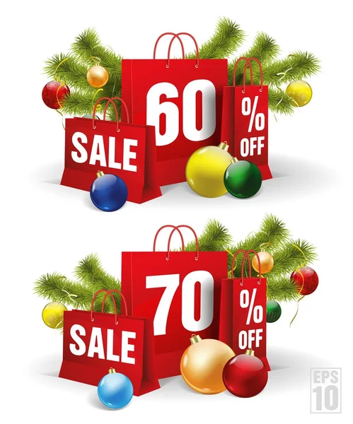 Sacul de cumpărături de Crăciun imprimat cu o reducere de șaizeci și șaptezeci. Vector — Vector de stoc