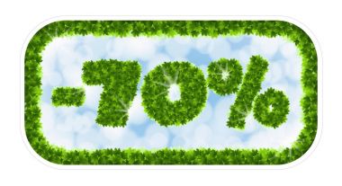 Wobbler kapalı yüzde 70'inin satışı bahar. Harf ve rakamları akçaağaç yaprakları bokeh ve güneş ışığı etkisi göksel bir zemin üzerine.