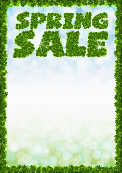 Poster spring sale. Letters from maple leaves on a heavenly background with the effect of bokeh and sunlight. — Stock Vector