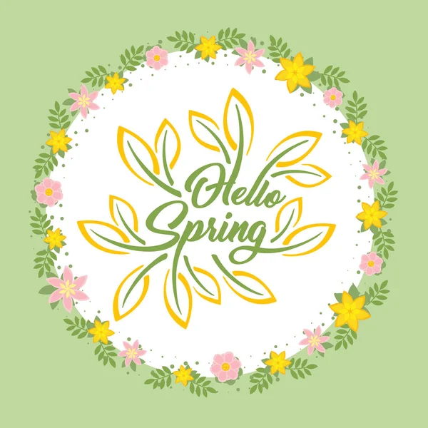 Hola Primavera hermosa tarjeta de felicitación con flores sobre un fondo blanco y la inscripción estilizada. Plantilla de primavera para su diseño, tarjetas, invitaciones, carteles . — Archivo Imágenes Vectoriales