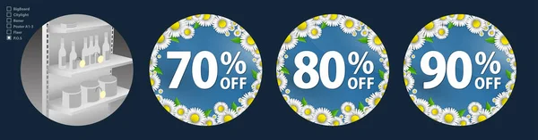 The design of the wobblers for the promotion is a spring sale of bright daisies on a sky blue background. Discount of 70, 80, 90 percent. Spring template for your design, cards, invitations, posters. — Stock Vector