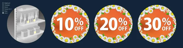 The design of the wobblers for the promotion is a spring sale of bright daisies on a orange background. Discount of 10, 20, 30 percent. Spring template for your design, cards, invitations, posters. — Stock Vector