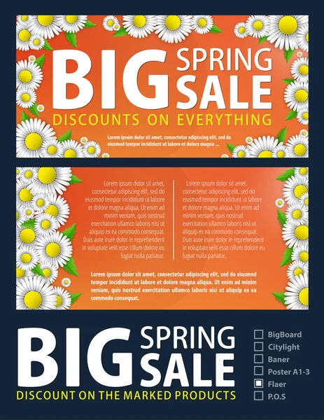 Het ontwerp van de flyer voor de promotie is de verkoop van een lente van heldere margrieten op een oranje achtergrond. Lente sjabloon voor uw ontwerp, kaarten, uitnodigingen, posters. — Stockvector