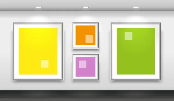 Interior gallery with four empty white frames on the wall — Stock Vector