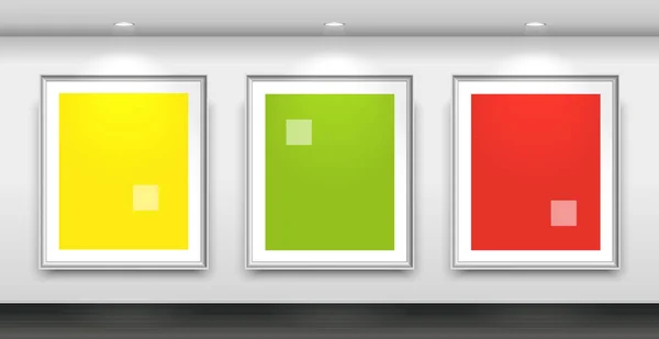 Gallery interior with three blank white frames on the wall — Stock Vector