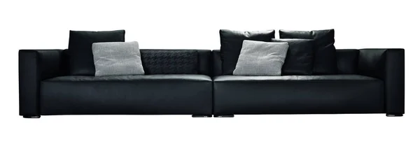 Sofá Luxo Moderno Couro Preto Com Almofadas Fundo Branco Isolado — Fotografia de Stock