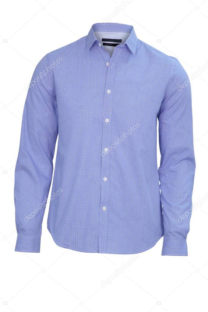 Chess print blue shirt for men, isolated. Men stylish blue shirt cutout. Stylish light blue shirt isolated on white. 