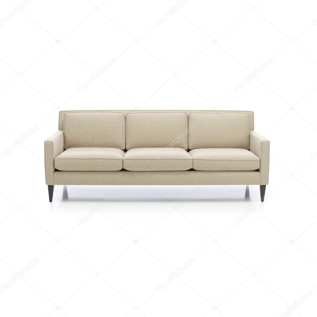 comfortbale classic white sofa, isolated on a white background. Three seats cozy color fabric sofa isolated on white.