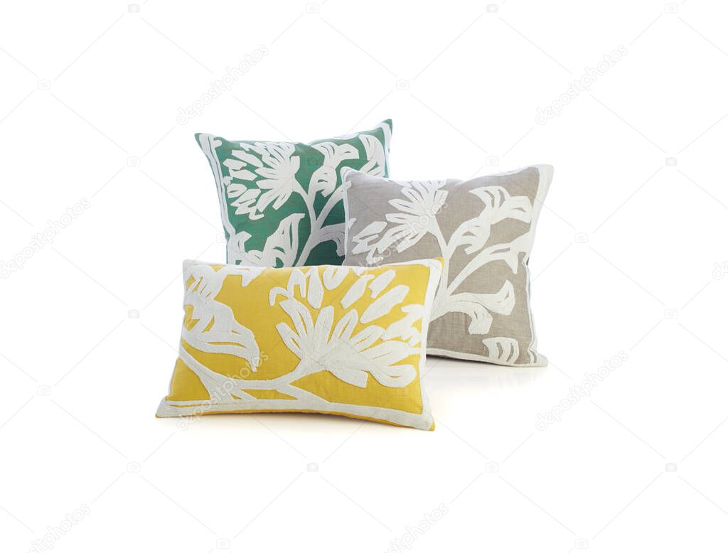Group of pillows, sofa cushions, isolated. Stack of pillows isolated on white background.