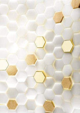 Bal peteği arka planı, bal peteği dokusu, altın bal petekleri. Altın bal petekleri, altıgen yüzeyi, soyut üç boyutlu arkaplan ve doku, internet tasarımı için görüntü oluşturma. Dijital, tatlım..