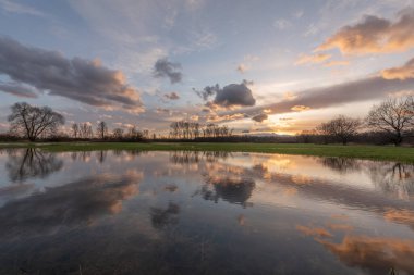 Bulutlu gökyüzü sudaki çayırlarda yansıyor.