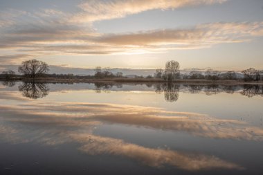 Bulutlu gökyüzü sudaki çayır sularında yansıyor.