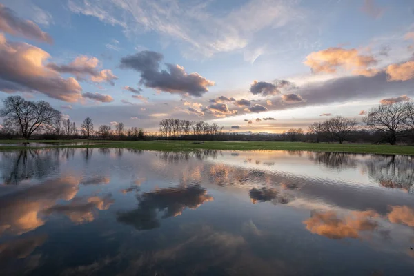 Cloudy sky reflecting in the water in a flooded meadow