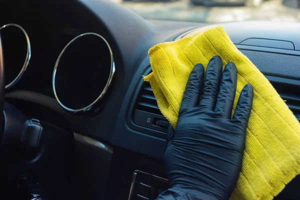 Cleaning Car Interior Coronovirus Pandemic Disinfectant Fluid Hands Rubber Protective — Stock Photo, Image