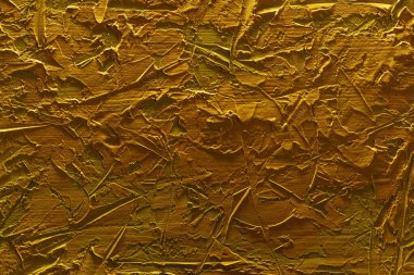 Altın kaplamalı, soyut, dekoratif, sarı bir duvarın parçası. Metin dekorasyonu için alanı olan sanat kapağı biçimlendirilmiş dokuma afişi.