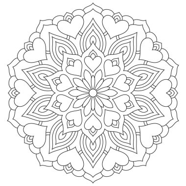 Çiçek mandala yürekleri. Sevgililer için boyama sayfası