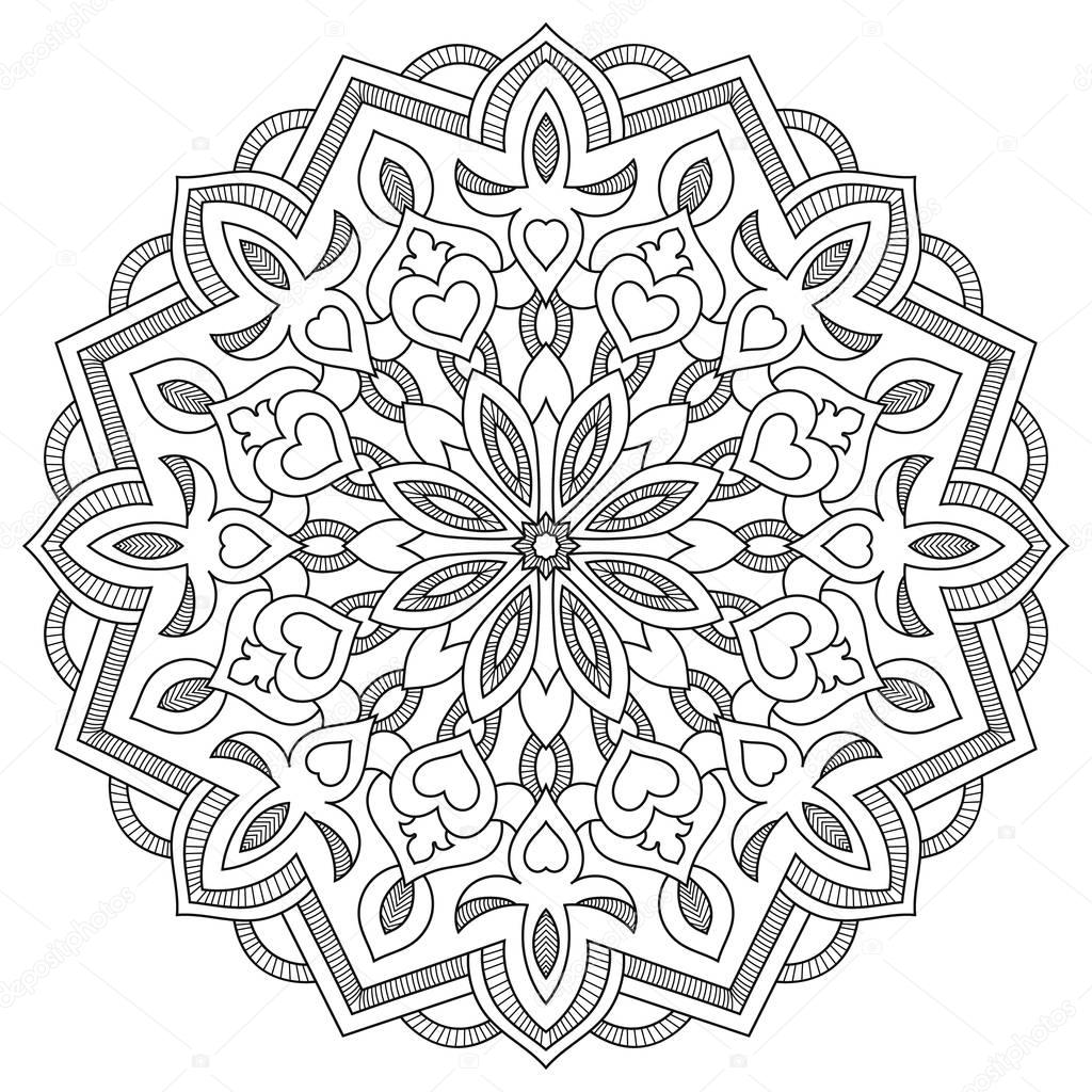 Mandala del fiore con i cuori. Pagina da colorare per — Vettoriali