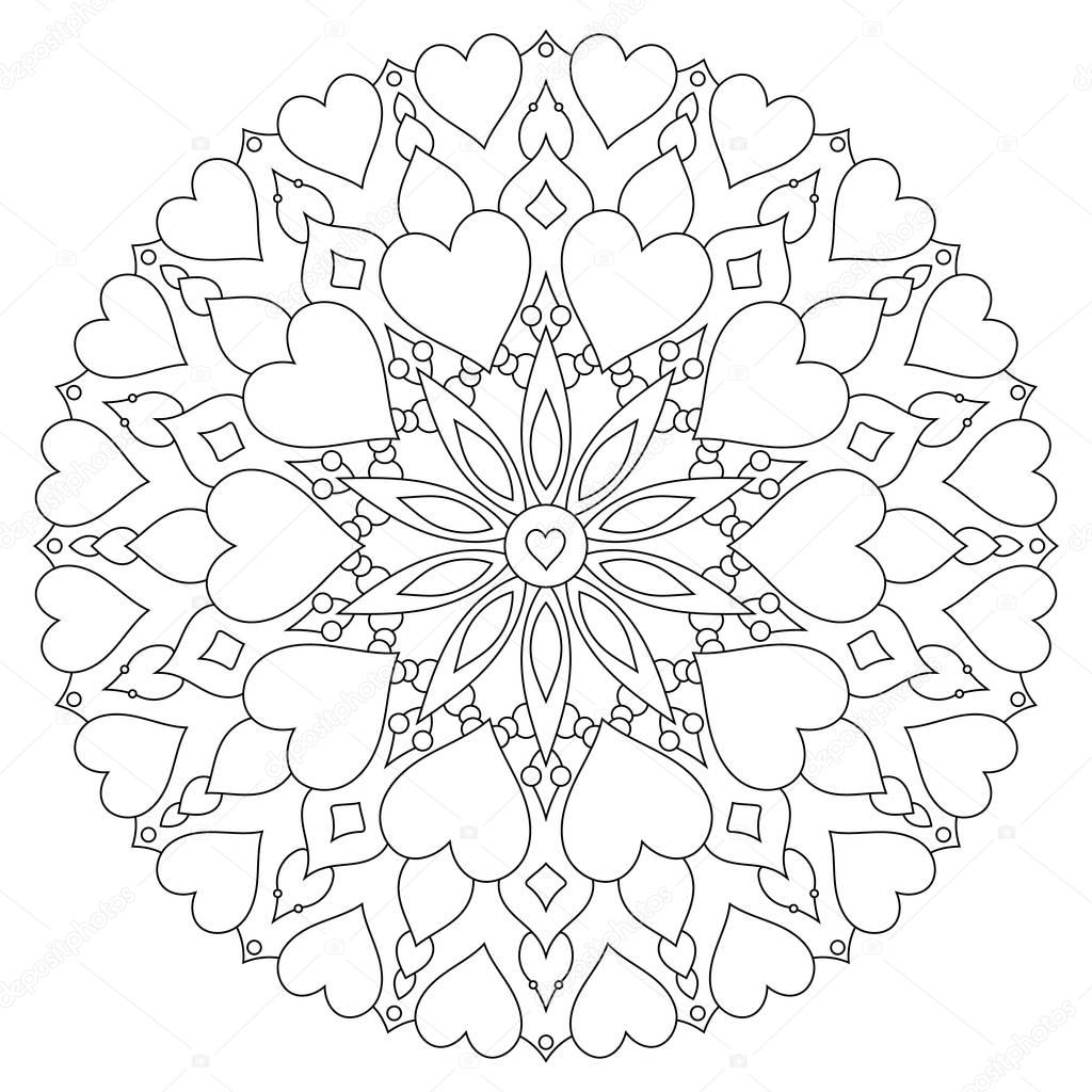 Mandala With Hearts On A White Background Coloring Book Page